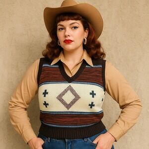 Vintage Rochelle California Southwestern Knit Sweater Vest Aztec Western VTG